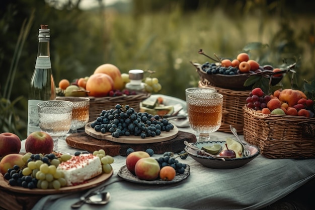 Schönes Sommerpicknick mit Früchten und Wein AI generiert