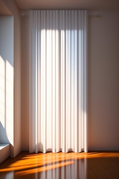 Schönes Sonnenlicht weht weiße durchsichtige Vorhang aus dem offenen Fenster auf leeren beige braunen Wandboden w