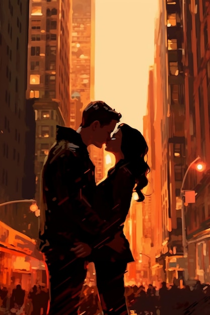 Schönes Sonnenuntergang-Stadtbild New Yorks bräunliche Frau und braunhaariger weißer Mann küssen sich