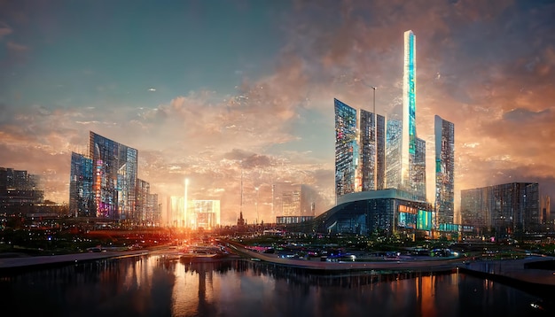 Schönes Stadtbild mit futuristischer Stadt bei Sonnenuntergang 3D-Rasterillustration