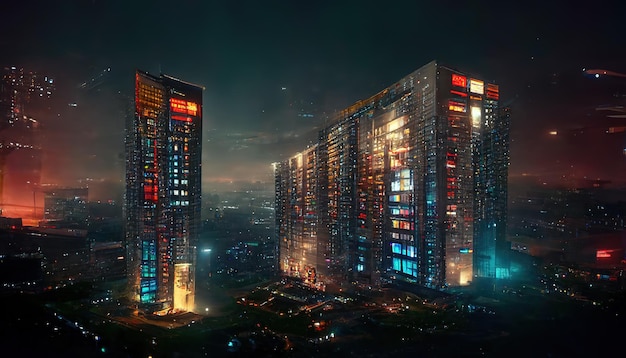 Schönes Stadtbild mit futuristischer Stadt bei Sonnenuntergang 3D-Rasterillustration