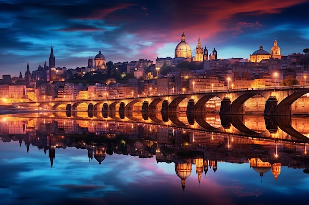 Schönes Stadtbild von Porto Portugal in der Dämmerung mit farbenfrohem Himmel und Reflexionen im Fluss