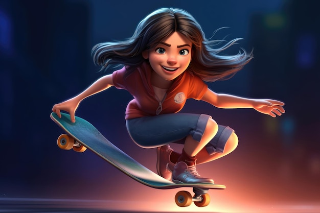 Schönes süßes Cartoon-Mädchen, das ein Skateboard reitet, extreme Nahaufnahme, generative KI