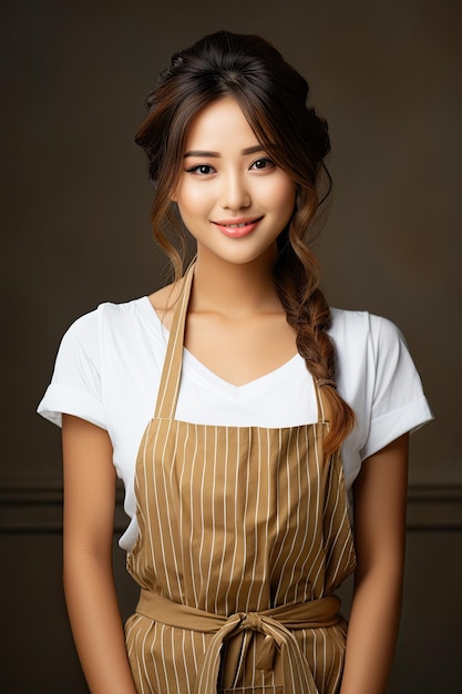 Schönes, süßes Frauenmodell, gekleidet als lächelnder Bäcker