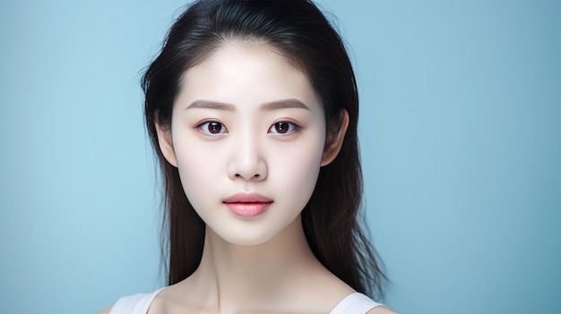 Schönes süßes Mädchen asiatischen Aussehens auf einem einfachen hellen Hintergrund KI-Generation