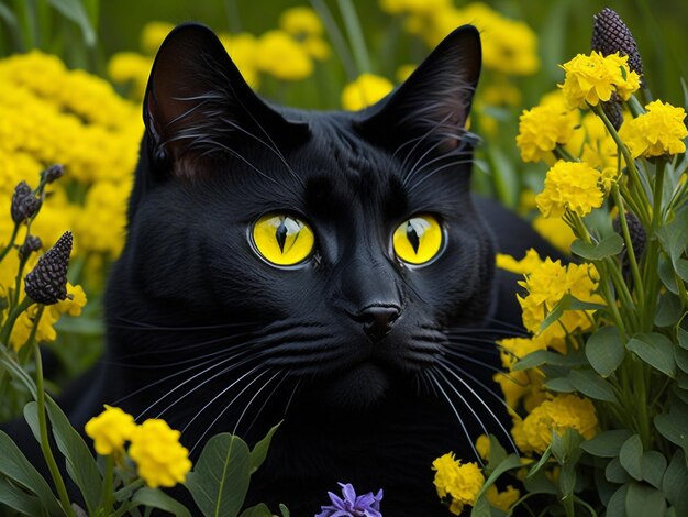 Schönes süßes Porträt einer schwarzen Bombay-Katze mit gelben Augen, die im Garten liegen, rosafarbene weiße Blumen i