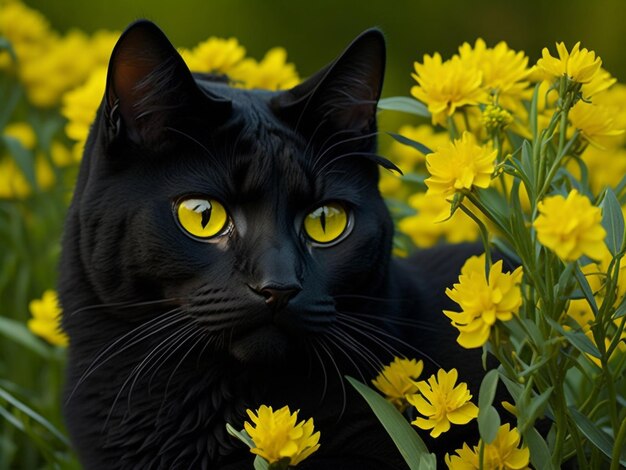 Schönes süßes Porträt einer schwarzen Bombay-Katze mit gelben Augen, die im Garten liegen, rosafarbene weiße Blumen i