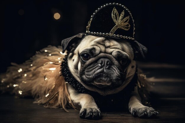 Foto schönes und düsteres foto eines pelzigen hundes, der einen geburtstag oder karneval genießt
