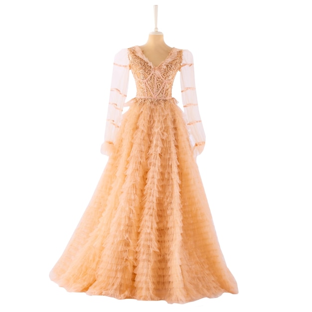 Schönes und elegantes Abendkleid der Frauen auf einem weißen Hintergrund