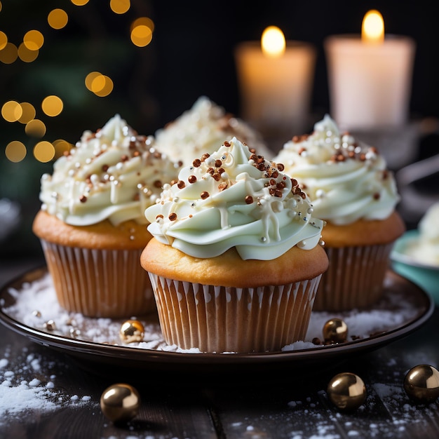 Schönes und köstliches Foto von Iced Christmas Cupcakes-Weihnachtsbaum-Hintergrund