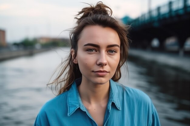 Schönes und realistisches Porträt einer jungen Frau, die entlang des Flusses in der Stadt spazieren geht.