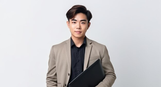 Schönes und realistisches Porträt eines jungen asiatischen Geschäftsmanns, der steht und einen Laptop in der Hand hält, isoliert auf weißem Hintergrund.