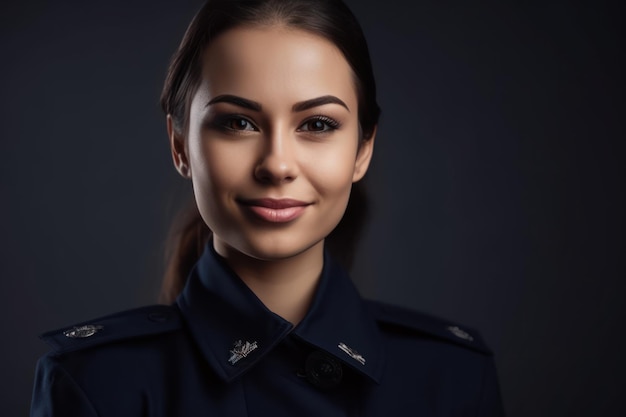 Schönes und realistisches Porträt eines jungen Sozialarbeiters in Uniform, der vor einem grauen Hintergrund vor der Kamera lächelt