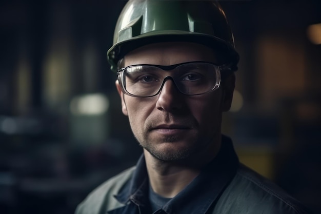 Schönes und realistisches Porträt eines lächelnden Berufsingenieurs der Schwerindustrie, der eine Schutzbrille und einen Hut trägt. Im Hintergrund ist eine große industrielle Fabrik unfokussiert.