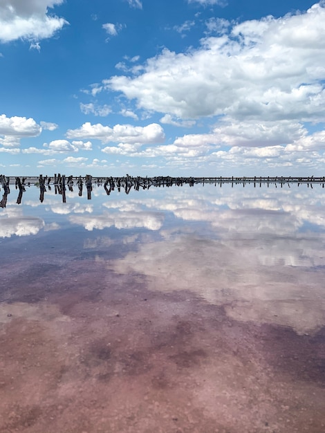 Schönes Wasser im rosa Salzsee reflektiert Wolken und Himmel