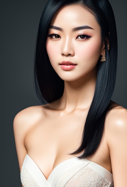 Schönes weibliches asiatisches Model mit langen Haaren in schwarzer Farbe