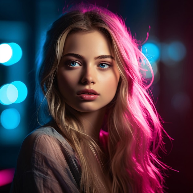 Schönes weibliches Foto mit blonden Haaren in bunten Lichtern, Bokeh-Hintergrundunschärfe, AI generiert