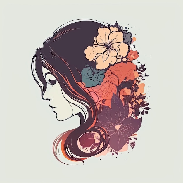 Schönes weibliches Profil Hübsche Frau mit einer niedlichen Frisur mit Blumen auf hellem Hintergrund Generative AI