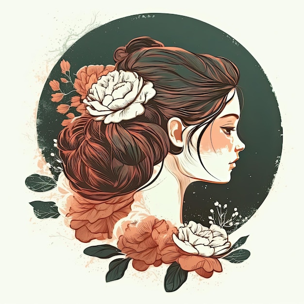 Schönes weibliches Profil Hübsche Frau mit einer niedlichen Frisur mit Blumen auf hellem Hintergrund Generative AI