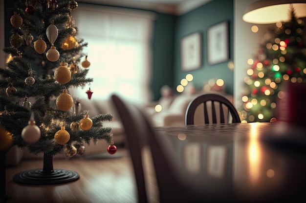 Schönes weihnachtlich dekoriertes Zimmer mit unscharfem Weihnachtsbaum für Fotohintergrund