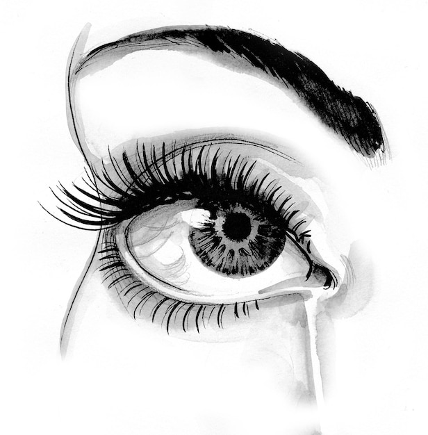 Schönes weinendes Auge mit Träne. Tinte Schwarz-Weiß-Zeichnung