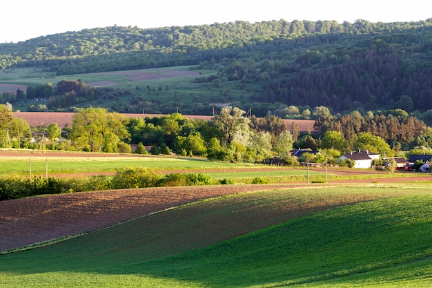 Schönes weites Panorama von gepflügten und grünen Feldern mit wachsendem Weizen unter klarem hellblauem Himmel auf friedlichem Dorf und entfernten Hügeln bedeckt mit Waldhintergrund. Landwirtschaft und Landwirtschaftskonzept.