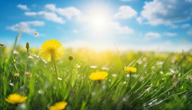 Schönes Wiesenfeld mit frischem Gras und gelben Löwenzahnblumen in der Natur gegen ein verschwommenes Blau