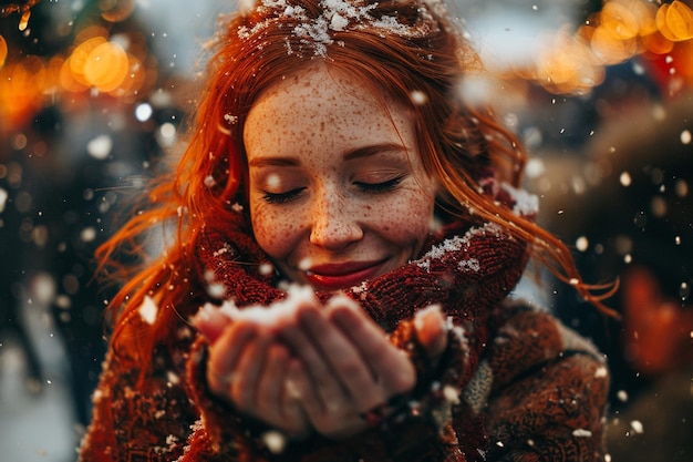 Schönes Wintermädchen bläst Schnee im frostigen Winterpark