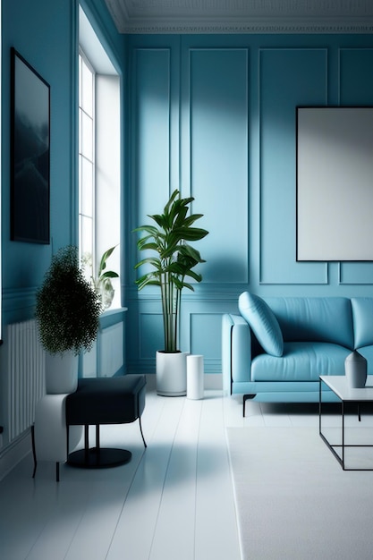 Schönes Wohnzimmer in Weiß und Blau mit luxuriösen Möbeln