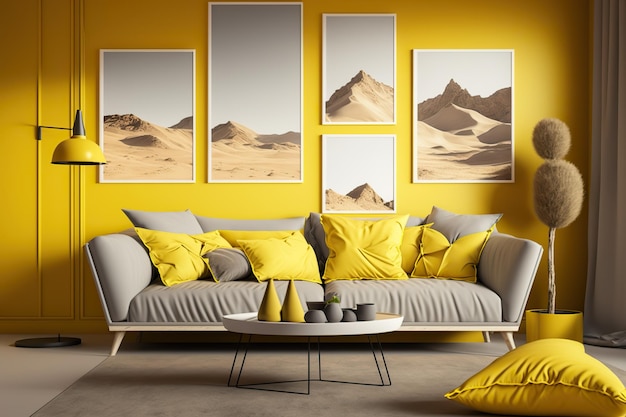Schönes Wohnzimmer mit modernen Möbeln und leuchtend gelben Wänden