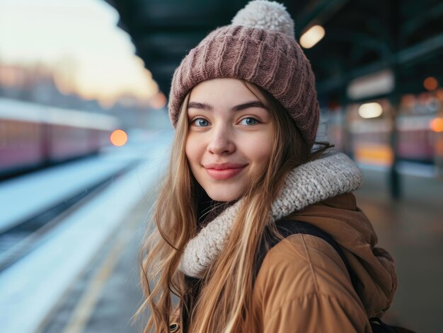 Schönes zufriedenes Mädchen Tourist am Bahnhof