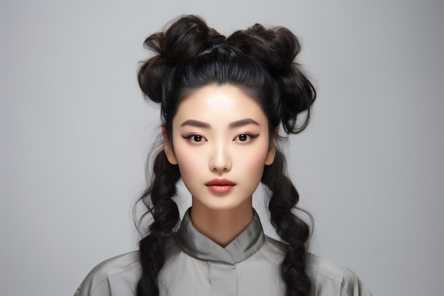 Foto schönheit chinesische junge frau mit haaren im 80er-jahre-stil auf weichem weißem hintergrund