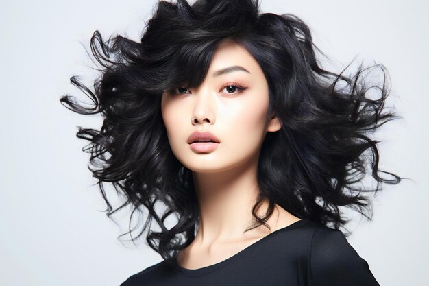 Schönheit chinesische junge Frau mit Haaren im 80er-Jahre-Stil auf weichem weißem Hintergrund