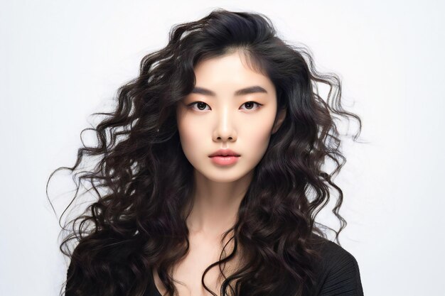 Schönheit chinesische junge Frau mit Haaren im 80er-Jahre-Stil auf weichem weißem Hintergrund