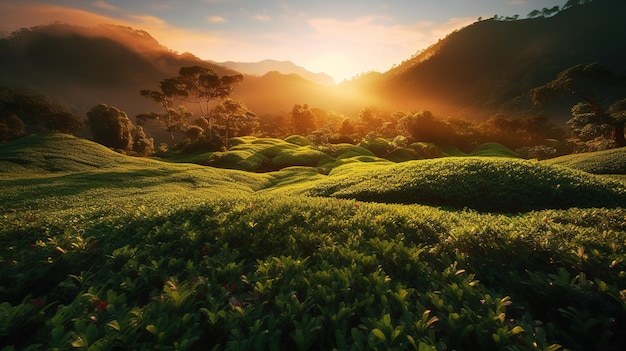 Schönheit der sonnenbeschienenen Teefelder in einer ruhigen und ruhigen ländlichen Landschaft generative ai