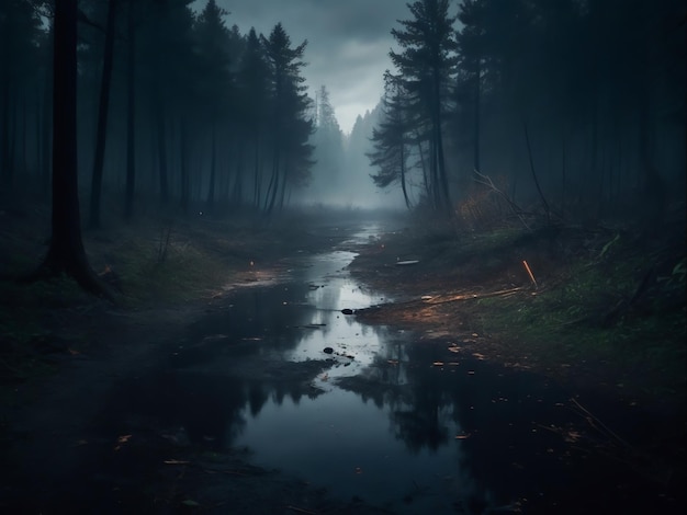 Schönheit eines nebligen, dunklen Waldes, der die beängstigenden Auswirkungen der Umweltverschmutzung erfasst