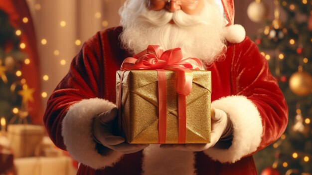 Foto schönheit frau claus, die das geschenk mit beiden händen überreicht und das wärmste weihnachtsfest feiert