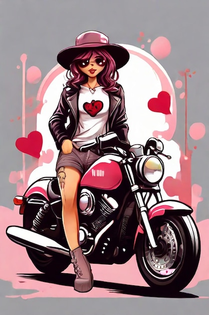 Schönheit Gangster Frau auf Motorrad für T-Shirt Design Valentinstag Kunst Tattoo