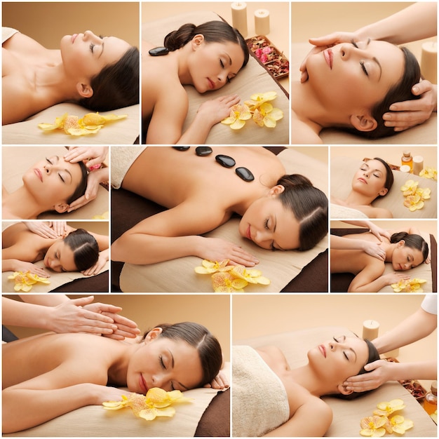 schönheit, gesunder lebensstil und entspannungskonzept - collage aus vielen bildern mit schöner asiatischer frau, die gesichts- oder körpermassage im spa-salon hat