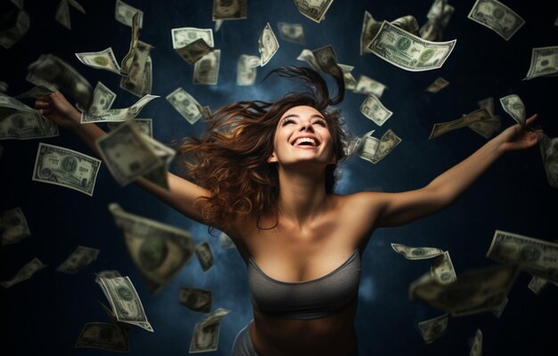 Foto schönheit glücklich mit fliegendem geld