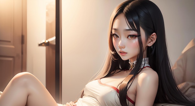 Schönheit junge asiatische Frau Modell mit langen Haaren und hellbraunen Augen auf einem Bett liegend