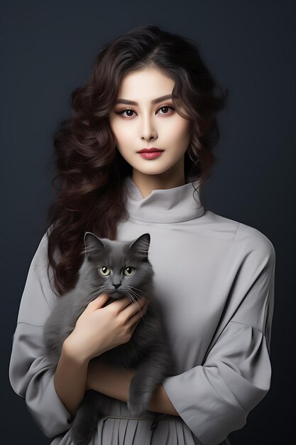 Schönheit koreanisches Supermodell Frauen tragen graues Kleid und Brille und halten Katze Seitenpose