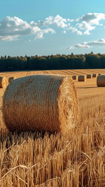 Schönheit nach der Ernte Goldene Heuballen schmücken das riesige landwirtschaftliche Feld. Vertikales mobiles Hintergrundbild