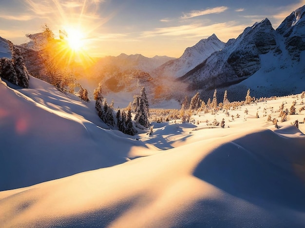 Schönheit voller Winterlandschaft mit Sonnenaufgang