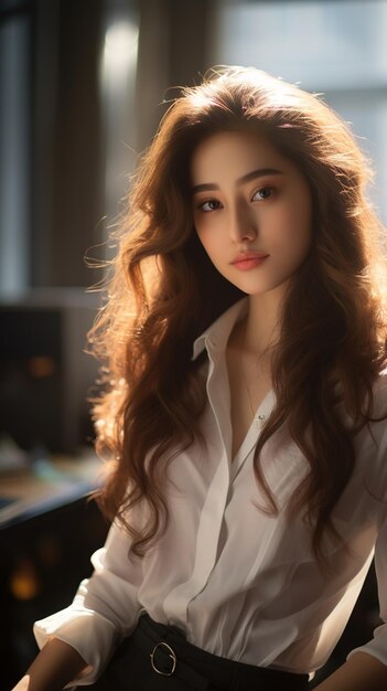 Schönheits-Mode-Porträt einer lächelnden sinnlichen asiatischen jungen Frau mit dunklen langen Haaren in weißem Hemd
