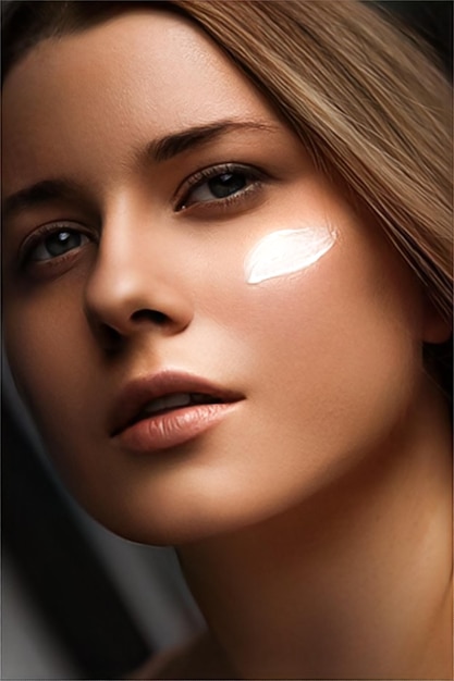 Schönheits-Sonnenschutzfaktor und Hautpflege-Kosmetik-Modell, Gesichtsporträt einer Frau mit Feuchtigkeitscreme, Sonnenschutzprodukt oder Sonnencreme auf der Wange, Luxus-Gesichts- und Hautpflege-Werbung