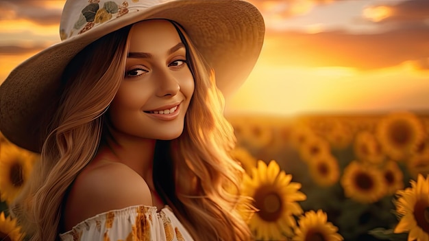 Schönheitsansicht schöne junge Frau mit Strohhut im Sonnenblumenfeld bei Sonnenuntergang