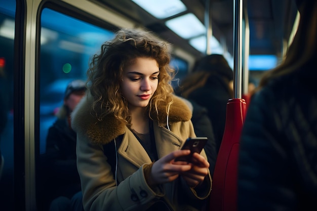 Schönheitsfrau, die nachts in einem überfüllten Bus telefoniert