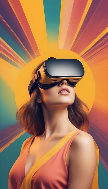 Schönheitsfrau mit VR-Headset auf farbenfrohen gelben, fett und farbenfarbenen Designs abstrakte Collage
