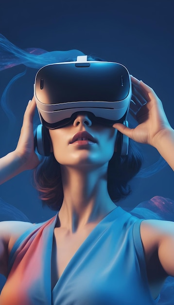 Schönheitsfrau mit VR-Headset auf weichem blauem, kühnem und farbenfrohem Design abstrakte Collage